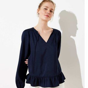 LOFT NAVY RUFFLE TIE NECK BLOUSE SIZE XXS/XS